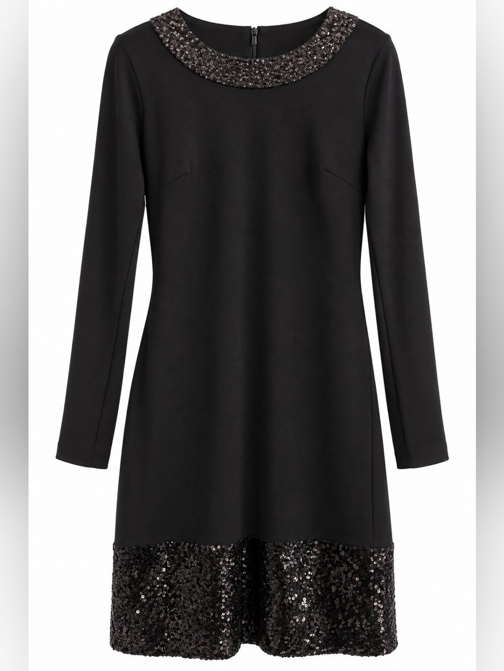 Michael Kors Black Sequined Hem Beaded Neck Shift Dress M